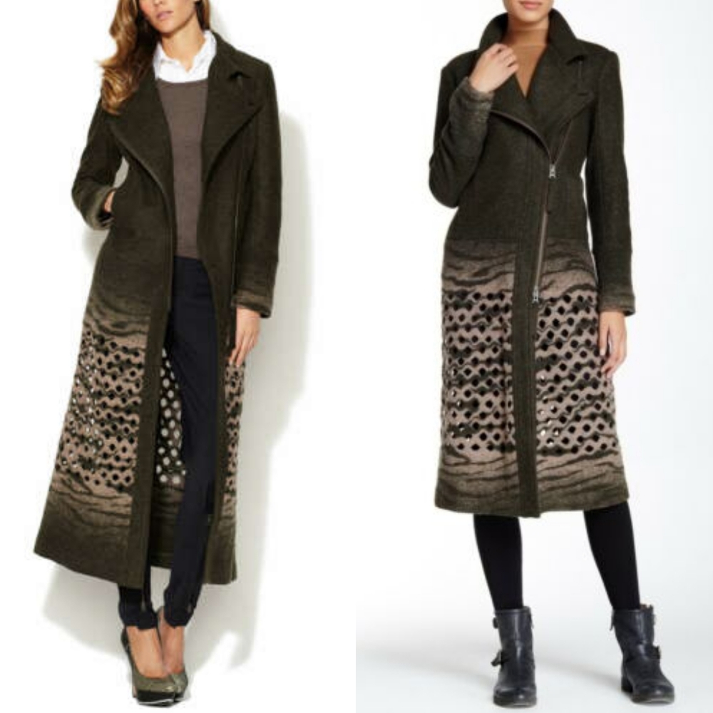L.A.M.B. Long Laser Cut Asymmetric Boiled Wool Green Ombre Zip Coat Womens 6/8